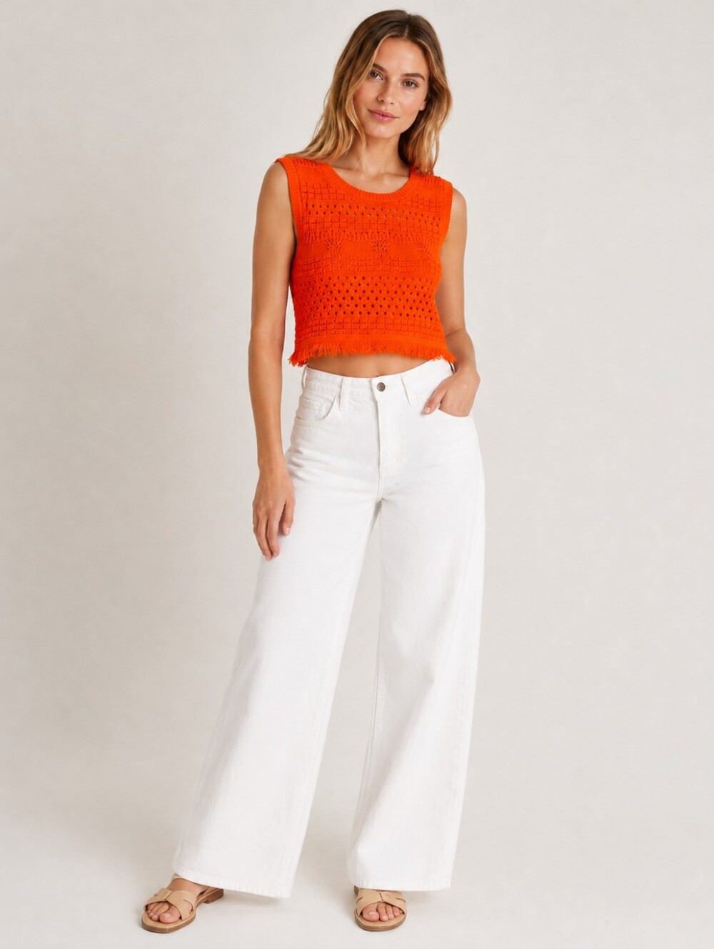 House of Harlow 1960 Bright Orange Crochet Knit Fringe Crop Top